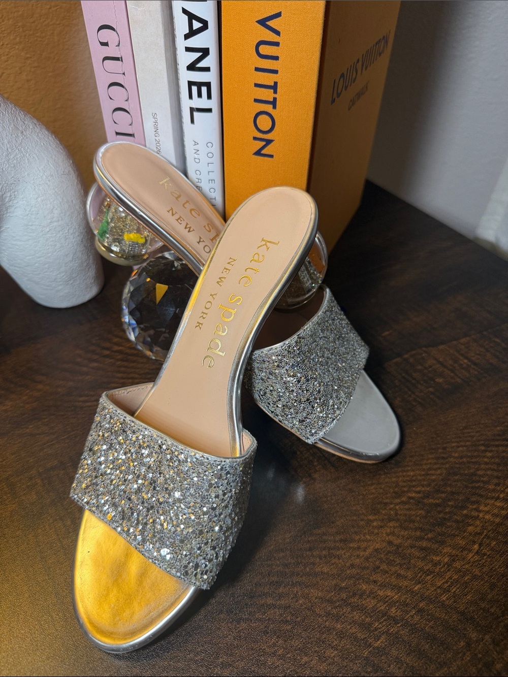 kate spade Silver Glitter Slide Mules with Clear Block Heel